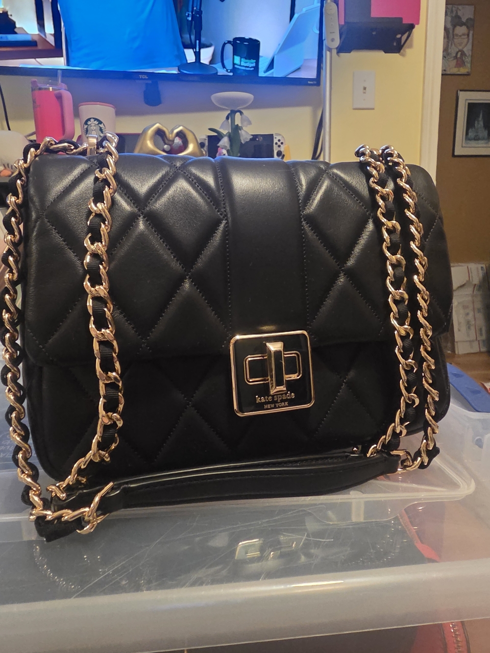 Kate Spade Carey Small Flap Black Quilted Shoulder Bag with Gold Chain Strap